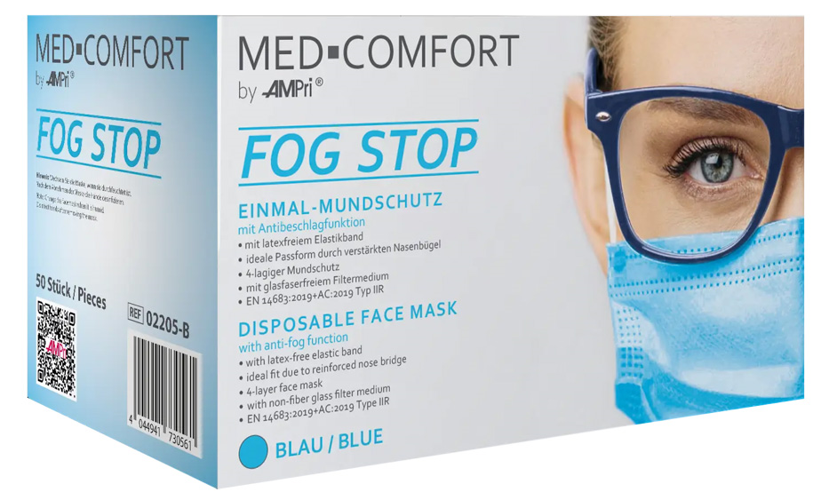 MED-COMFORT FOG STOP Mundschutz 4-lg. TYP IIR - blau mit Elastikbänder